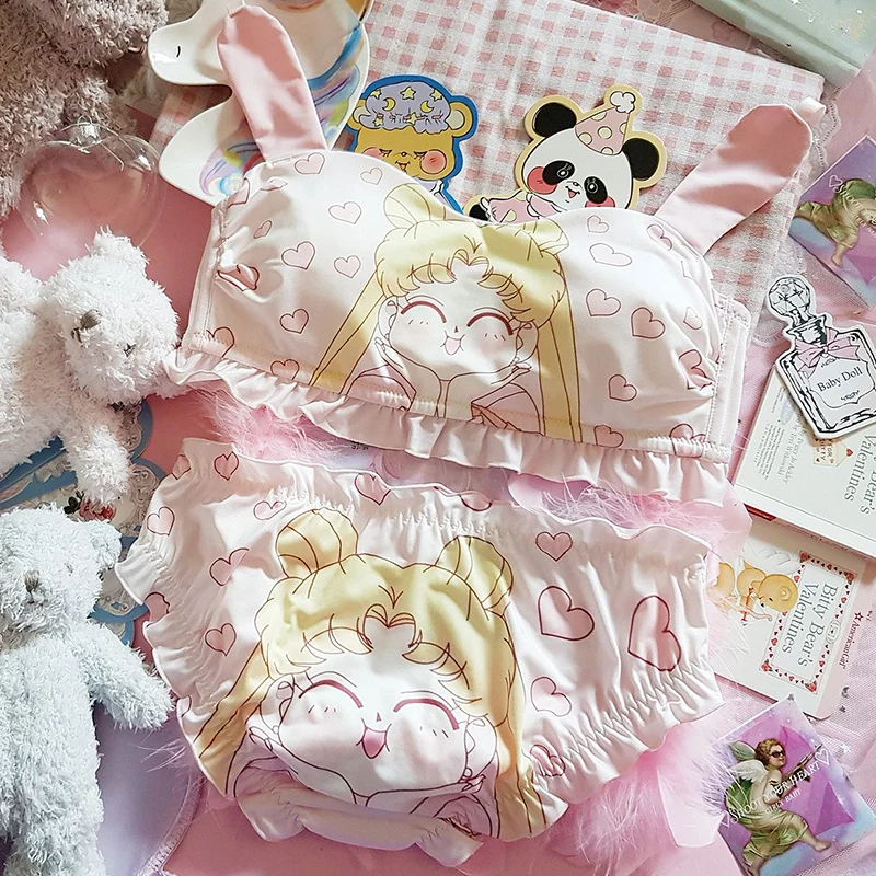 

Anime Sailor Moon Pattern Underwear Set Kawaii Pink Rabbit Ear Tube Top Bra & Panties Sets Japanese Sexy Lolita Lingerie Suit