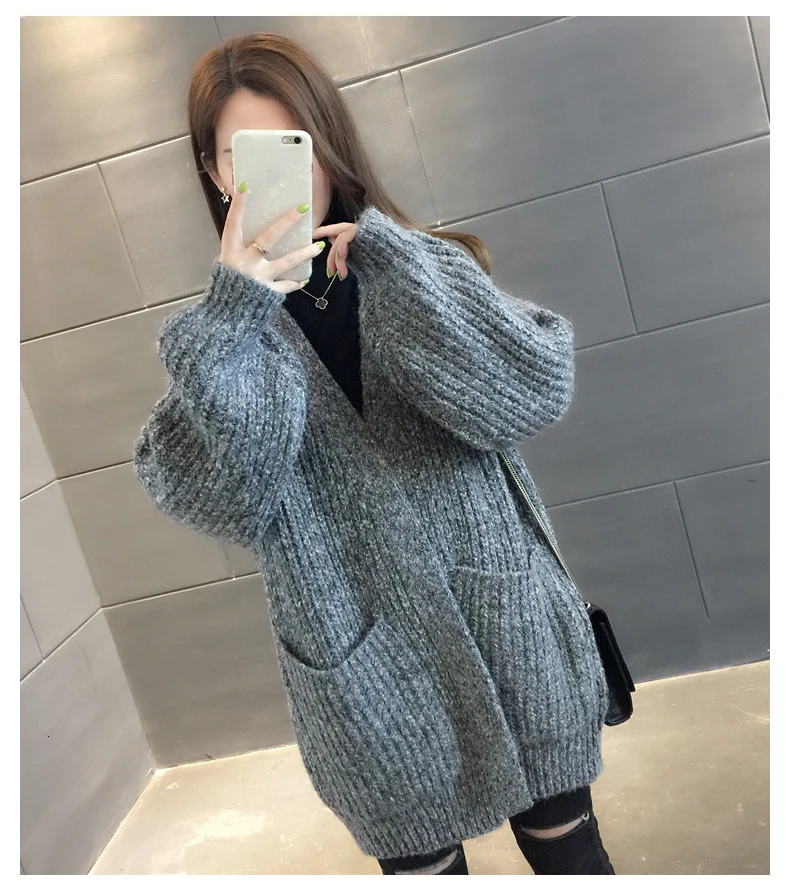 and Autumn Winter new Knitted V-Neck Cardigans Coats Women Fashion Long Sleeve Thick Sweater Casual Large size Loose Sweaters