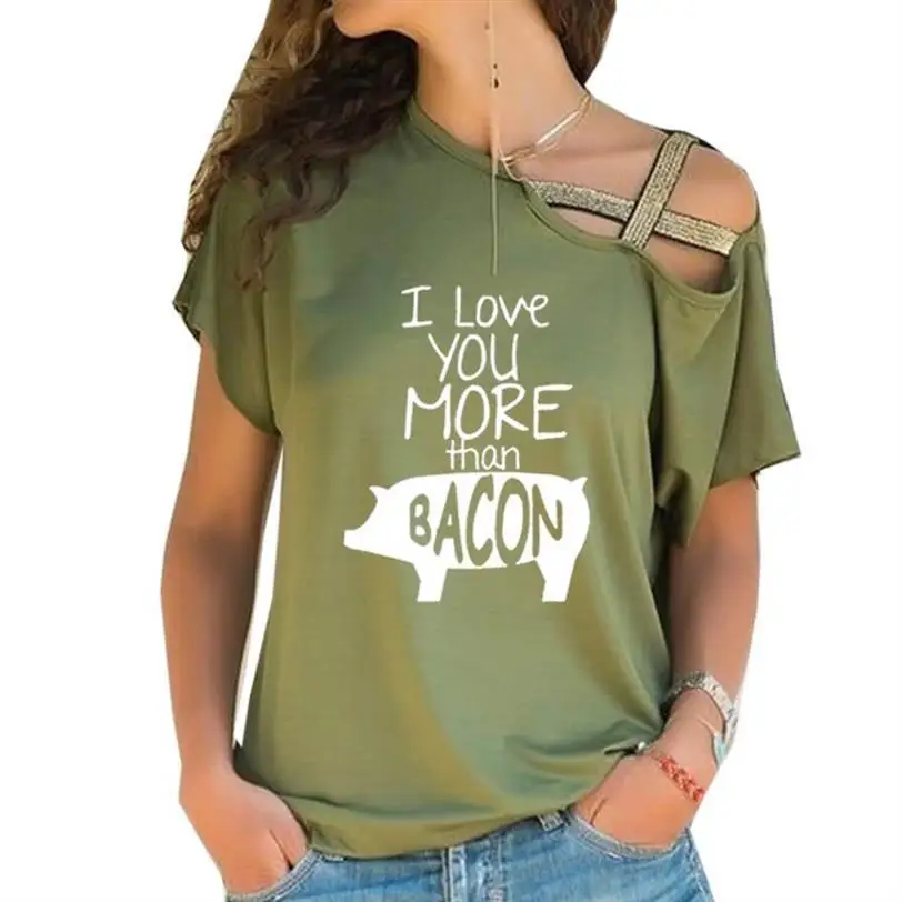 New Arrival Cross Bandage T-Shirt For Women I Love You More Than Bacon Letters Print Plus Size Cotton T-Shirt Harajuku Casual