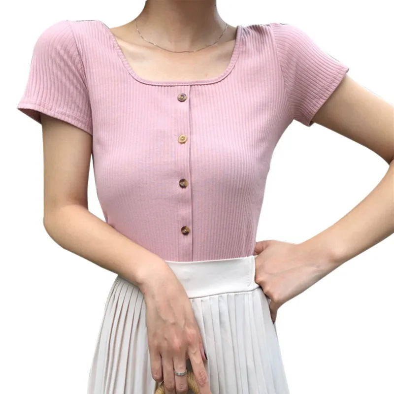 

Women Short Sleeve T-Shirt Chest Wrap Sweet Female square collar Tee Jeans Plus Size Button Vintage Trendy Harajuku KoreanTops