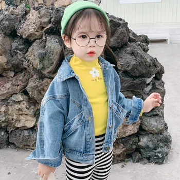 

baby girls denim jacket 2-7 years old kids denim coat spring and autumn girl coats Solid color washed large pocket stitching