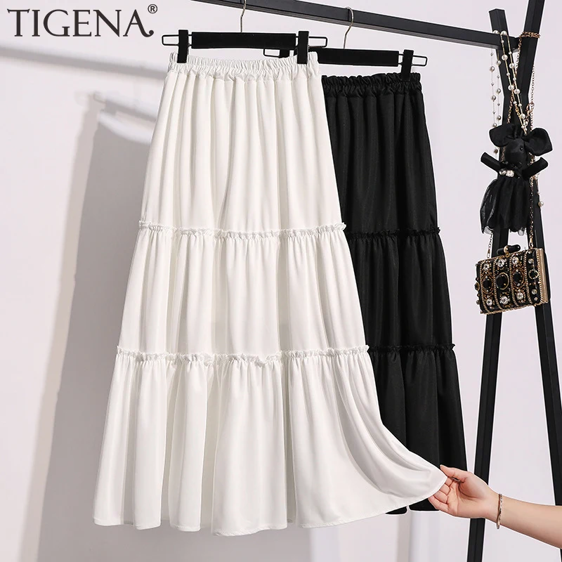 TIGENA Midi Long Skirt Women Fashion 2021 Summer Casual Simple Solid Black White A Line High Waist Female Korean Style | Женская одежда
