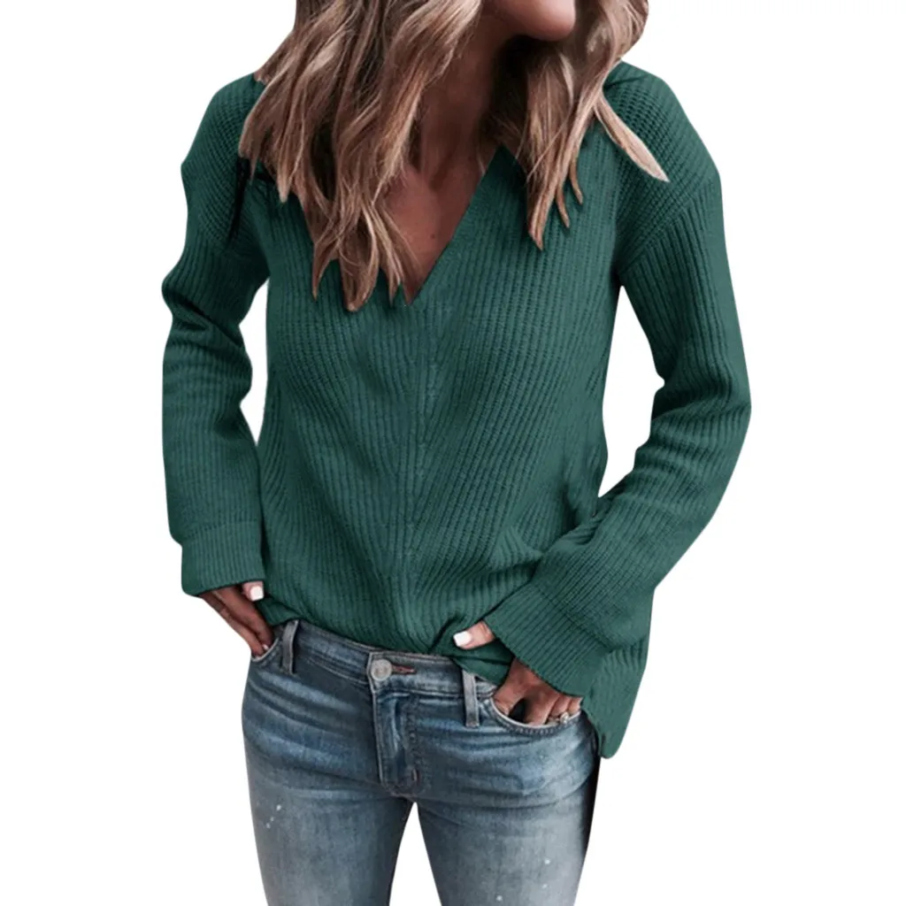Осенне-зимние свитера Женские однотонные тонкие вязаные пуловеры свитера повседневные женские мягкие свитера с v-образным вырезом Большие размеры