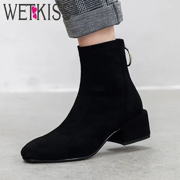 

WETKISS Stretch Flock Boots Women Thick Heels High Ankle Sock Boot Female Square Toe Shoes Ladies Fashion Zip Shoes Autumn