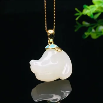 

Certified Natural Hetian Jade Inlaid 925 Sterling Silver Lucky Dog Head Pendant White High Quality For Women Men Wonderful Gifts