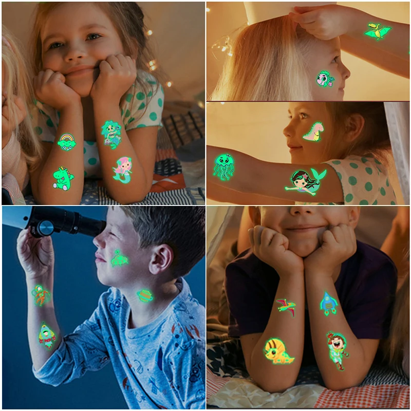5pcs Luminous Tattoo Stickers Child Kid Temporary Fake Tattoos Glow Paste on Face Arm Leg for Children Body Art Mermaid Dinosaur