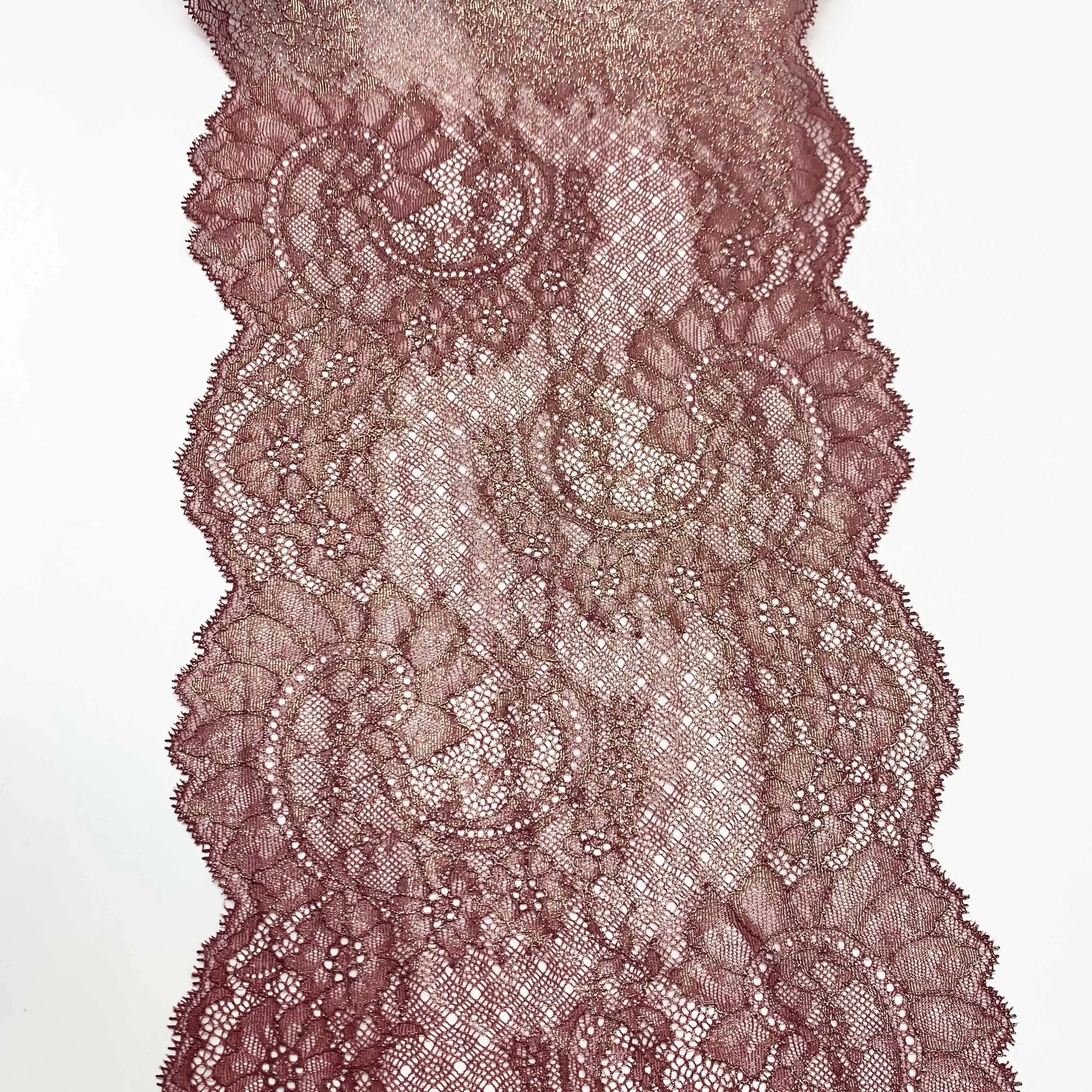 3y/lot Width 23cm Floral Stretch Lace Trim Dark Red Foil 3