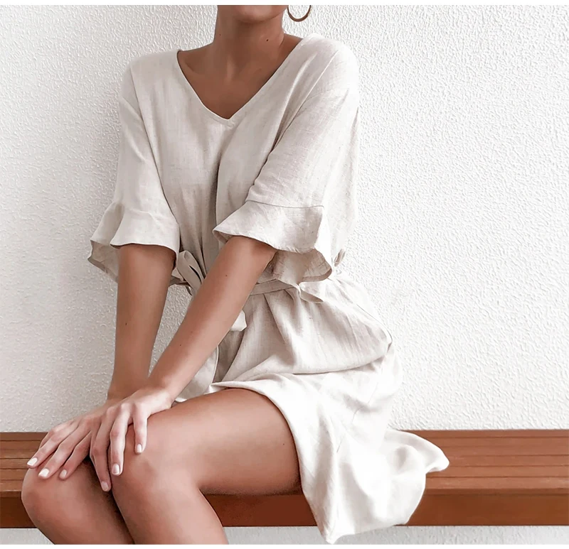 DICLOUD Casual Solid Cotton Linen Dresses Women Summer Short Sleeve V Neck Mini Party Dress Ladies A-line Summer Outfit