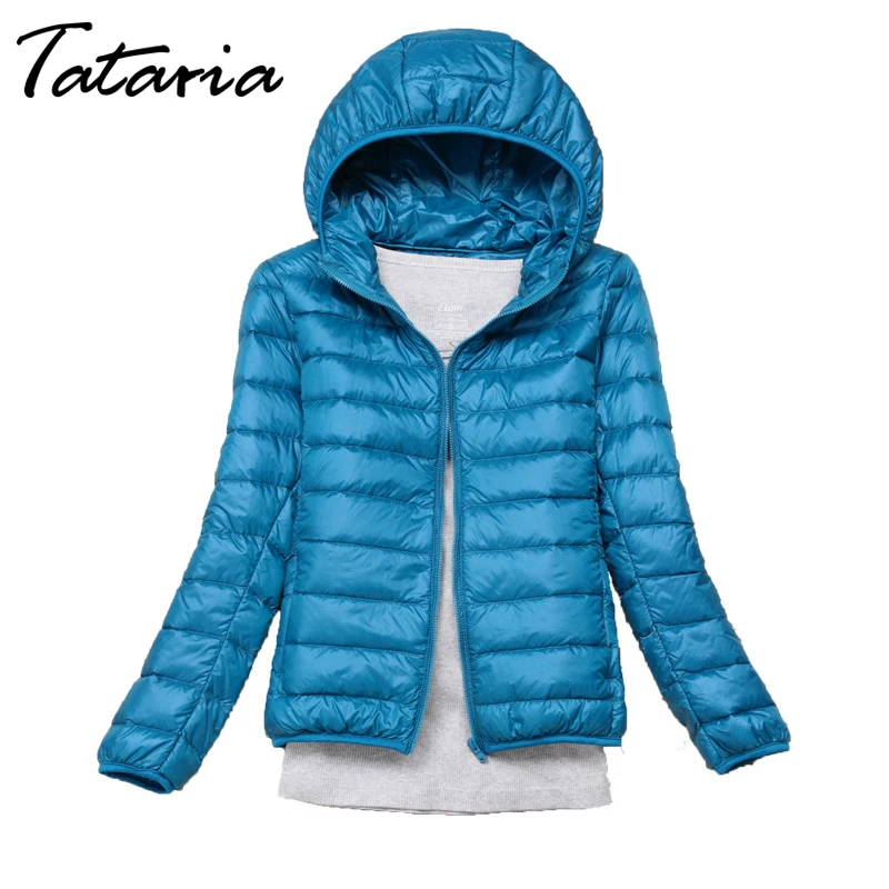 Tataria, женский зимний ультра легкий пуховик для женщин, длинный рукав, теплый пуховик с капюшоном, Женское пальто размера плюс, белый утиный пух