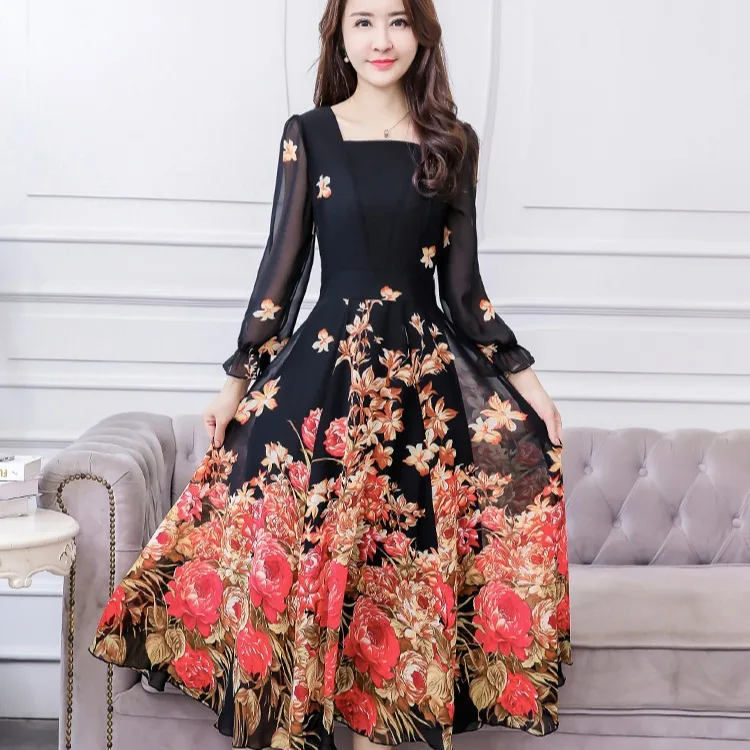 

2019 New Style Female Autumn Waist Hugging Slimming Long Sleeve Slim Fit Large Size Chiffon Dress over-the-Knee Floral-Print Lon