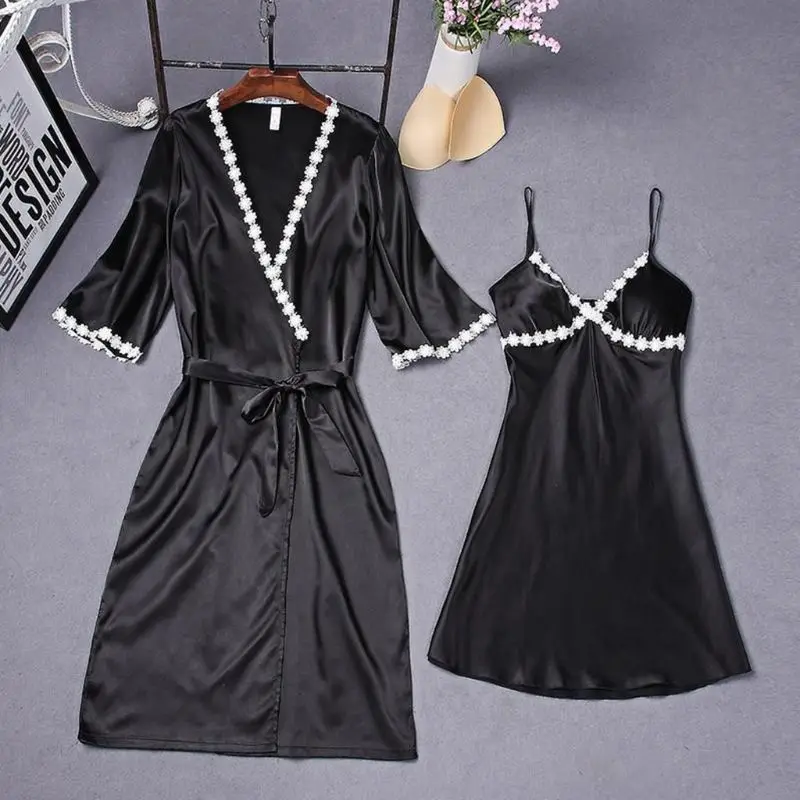 Womens Sexy Ice Silk Half Sleeve Kimono Robe Nightdress Sleepwear Set Flower Lace Pajamas Deep V-Neck Padded Camisole Nightgown