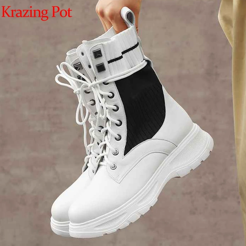 

krazing pot cow leather round toe med heel sweety metal decoration sock boots plus size mixed color knitting mid-calf boots l10