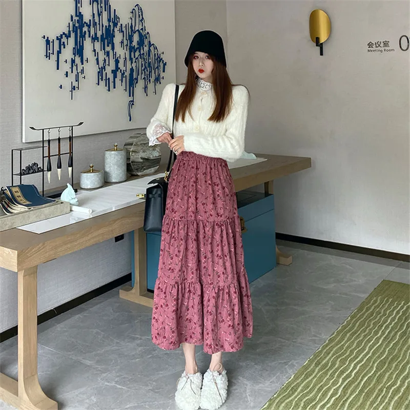 RUGOD Boho шикарная Весенняя с высокой талией Цветочная элегантная длинная юбка свободного размера плюс юбки женские вельветовые Облегающие юбки