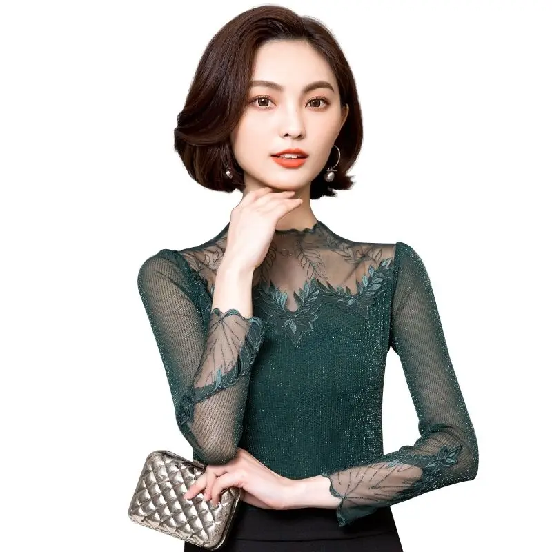

Blusas Mujer De Moda 2020 Spring and Autumn Casual Long Sleeve Elegant Women Lace Blouse Sexy Mesh Gauze Slim Elastic Tops WF135