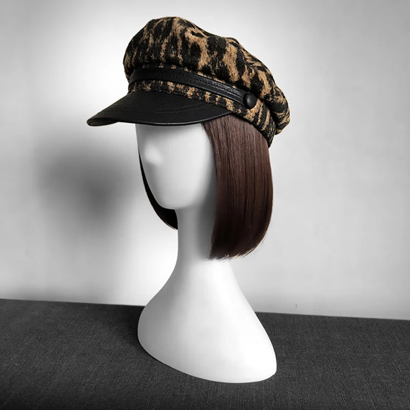 

2020 Fashion Leopard print Military Hat Spring Autumn Wool Sailor Hat For Women flat top Female travel cadet hat Captain Cap JM0