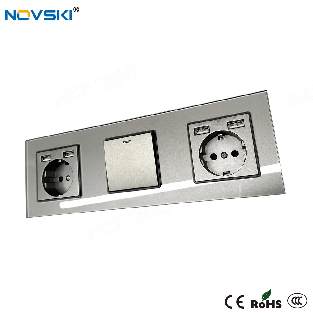 

258 EU Standard DIY Triple Frame Switch Socket, Schuko Plug Type, 2.1A Dual USB Charging Outlet, German Bayer Base, Grey Color