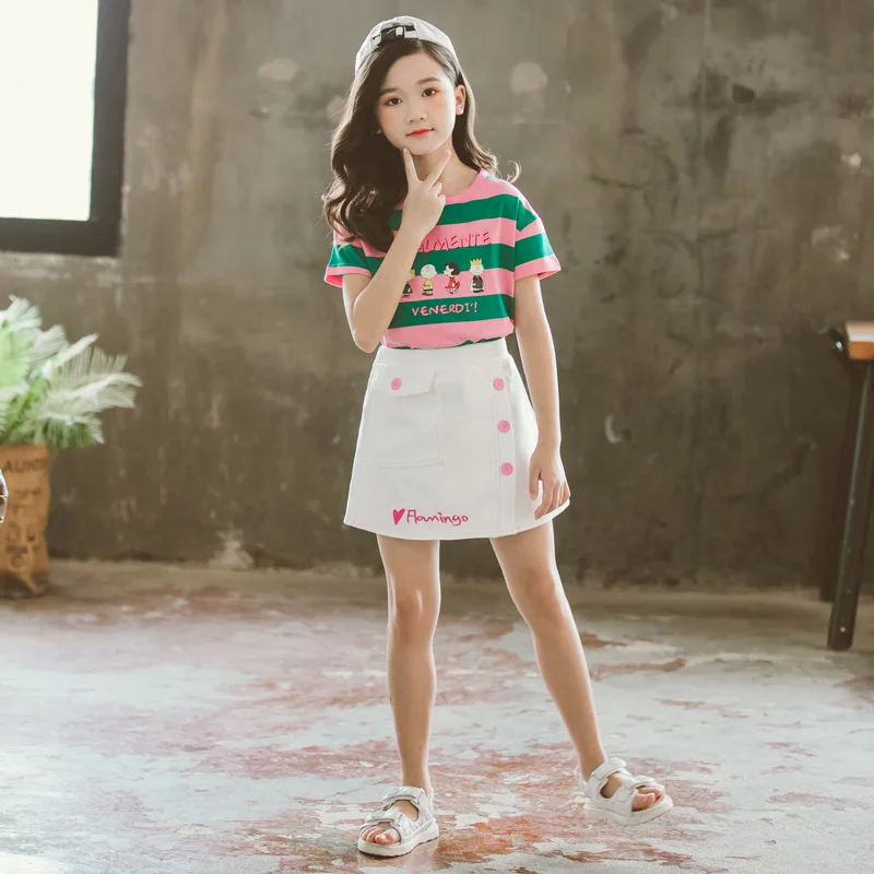Muasaaluxi Toddler Baby Kid Girls Short Sleeve Striped T-Shirt Crop Top A-line Skirt Dress Summer Outfits 