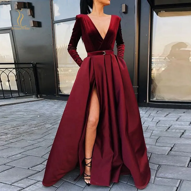 Burgundy_Muslim_Evening_Dresses_2019_V_Neck_Velour_Satin_Formal_Dress_With_Pockets_High_Slit_Elegant_conew2