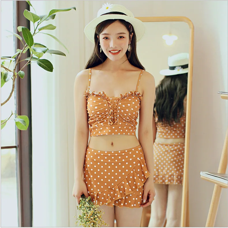 

Split Type Two-Piece Skirt Bathing Suit Khaki High-waisted Small Bust Gathering Camisole Hipster Hot Springs Swimming Suit Women