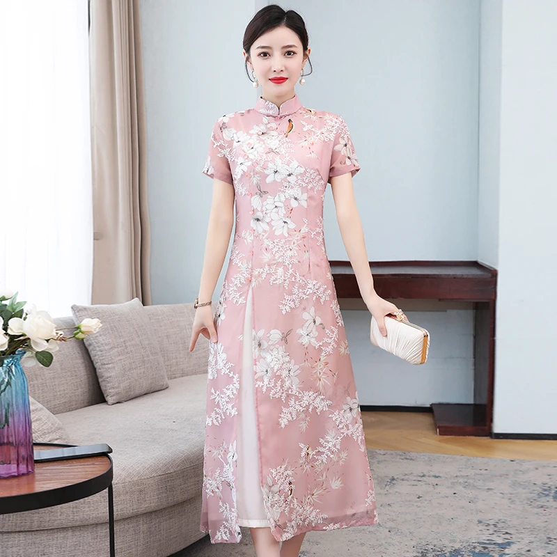 2021 улучшенное платье Ципао ao dai вьетнамская одежда шифоновое с цветочным принтом