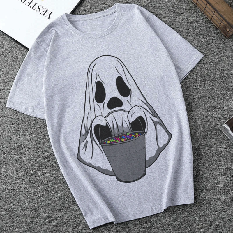 

Summer New Vintage T Shirt Halloween Funny Vogue Gray T-Shirt ONeck Cartoon Print Casual Short Sleeve Harajuku TShirt Women Tops