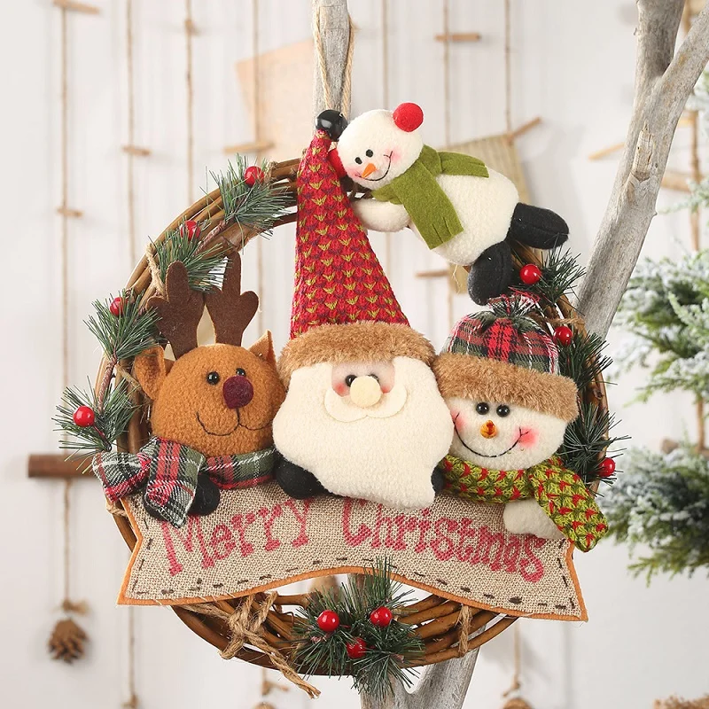 Christmas mini wreath doll flannelette rattan ring old man snowman elk hanging ornaments 2020 New Year Christmas tree decoration