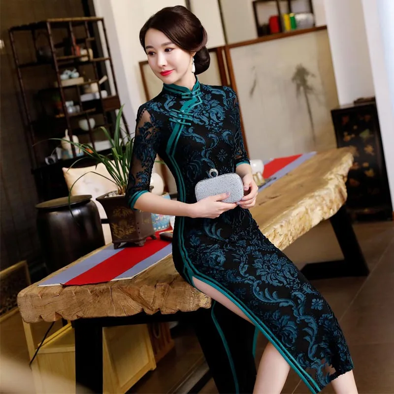 Черное кружевное китайское свадебное платье, женское традиционное китайское платье чонсам, женское длинное платье Ципао для свадебной вечеринки - Цвет: color2