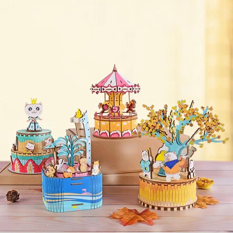 

DIY Wood Music Box Cartoon Features Carousel Birthday Gift Toy with Machine Core Home Decoration