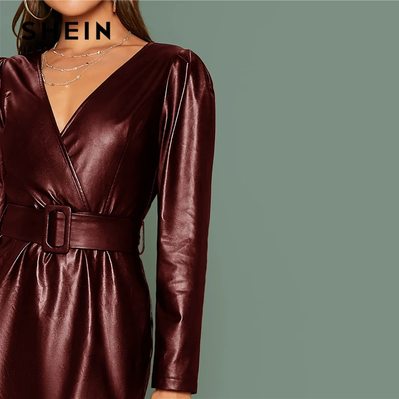 SHEIN Гламурное черное платье с запахом и поясом из искусственной кожи женское осенне-зимнее платье с длинным рукавом и высокой талией облегающее короткое платье-карандаш
