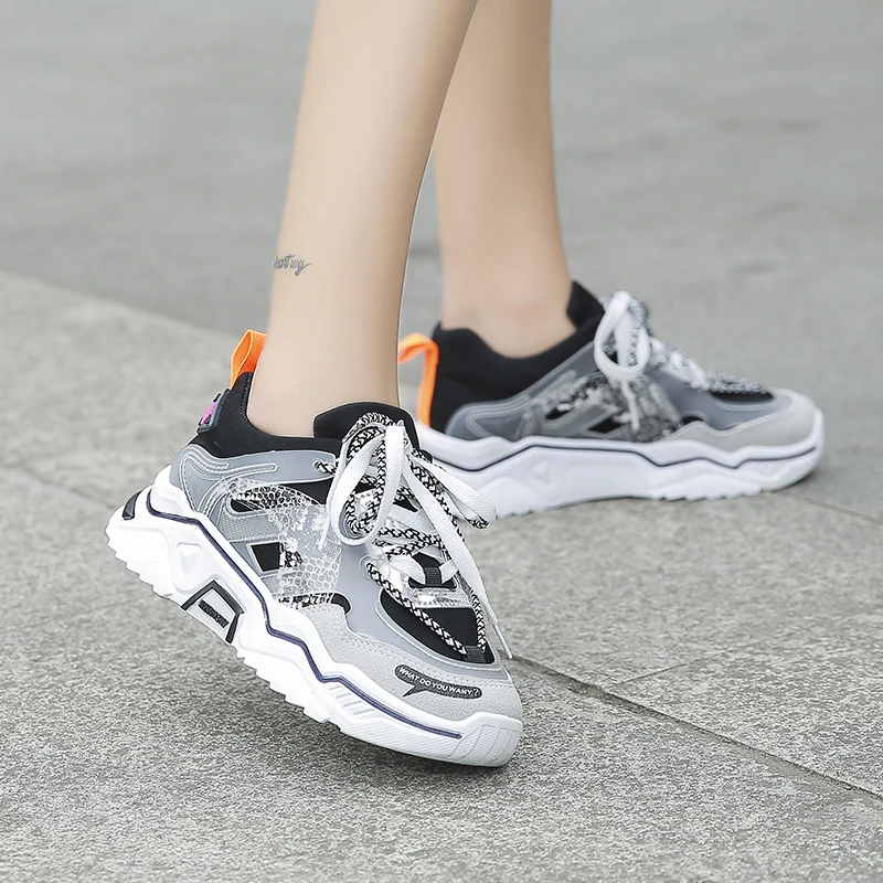New Women Platform Chunky Sneakers 5cm high lace-up Casual Vulcanize Shoes luxury Designer Old Dad female fashion 2019 | Обувь