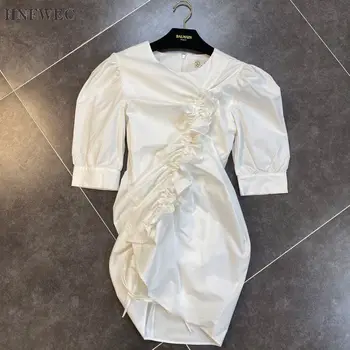 

2020 Summer New Arrivals Three Quarter Puff Sleeve O Neck Drawstring Short Mini Slim Irregular Dress Women T354