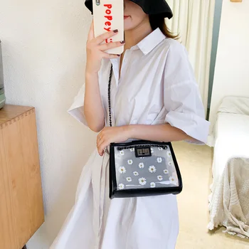 

2pcs/Set Portable Classic Texture Creative Design Chic Women Daisy Shoulder Handbags Clear PVC PU Travel Totes Bag