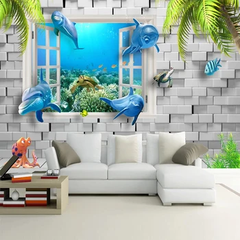 

Custom Dolphin Underwater World 3D Stereoscopic Window Wall Painting Living Room Children Room Bedroom TV Wall Mural Wallpaper