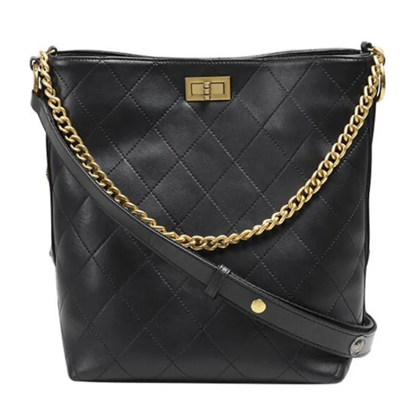 

Western Style Trend Black Genuine leather Bucket Bag Rivet Gold Chain Single Shoulder Bags