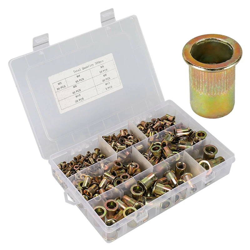 

Flat Head Rivet Nuts Set Hardware Parts 300PCS Rivet Nut Assortment Kit Carbon Steel Zinc Plated Multi Size Sleeve Nuts