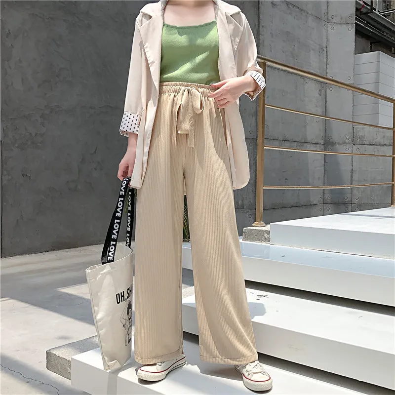 

ZADORIN 2019 Autumn Streetwear Trousers Women Rib High Waist Bow Tie Wide Leg Pants Ankle Length Palazzo Pants Pantalon Femme