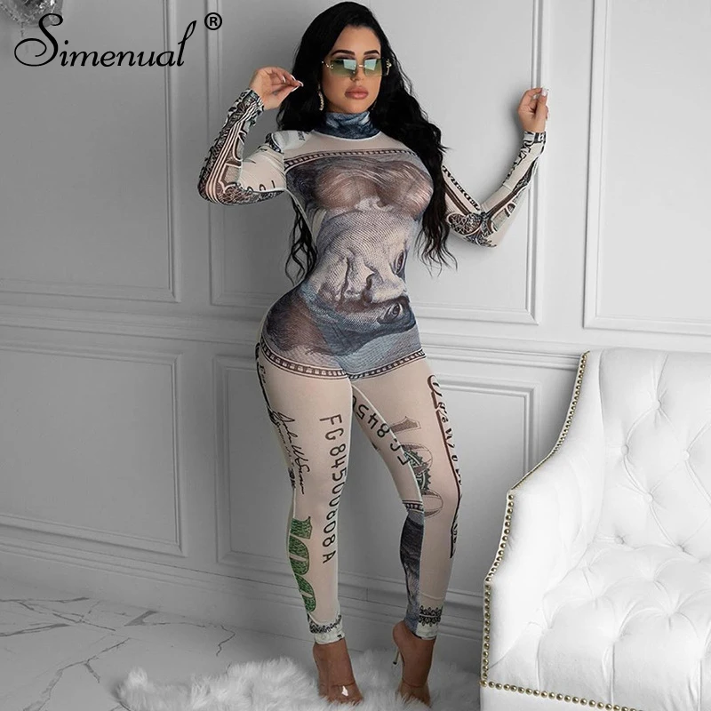 

Simenual Mesh See Through Sexy Bodycon Long Sleeve Jumpsuits Sheer Push Up Fashion Night Club Rompers Womens Jumpsuit Print Hot