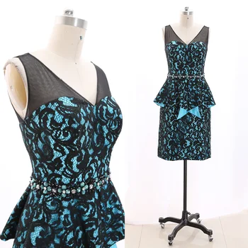 

MACloth Black Short V Neck Knee-Length Short Crystal Lace Prom Dresses Dress M 266666 Clearance