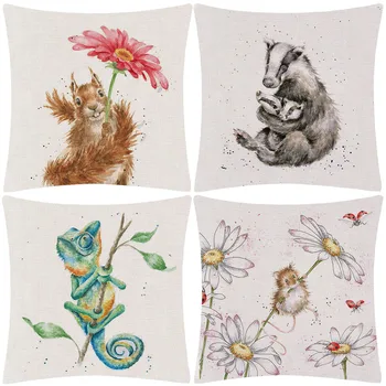 

Hand Painting Animals Cushion Covers Badger Rabbit Mouse Lizard Guinea Pig Fox Cushion Cover Home Decor Linen Pillow Case