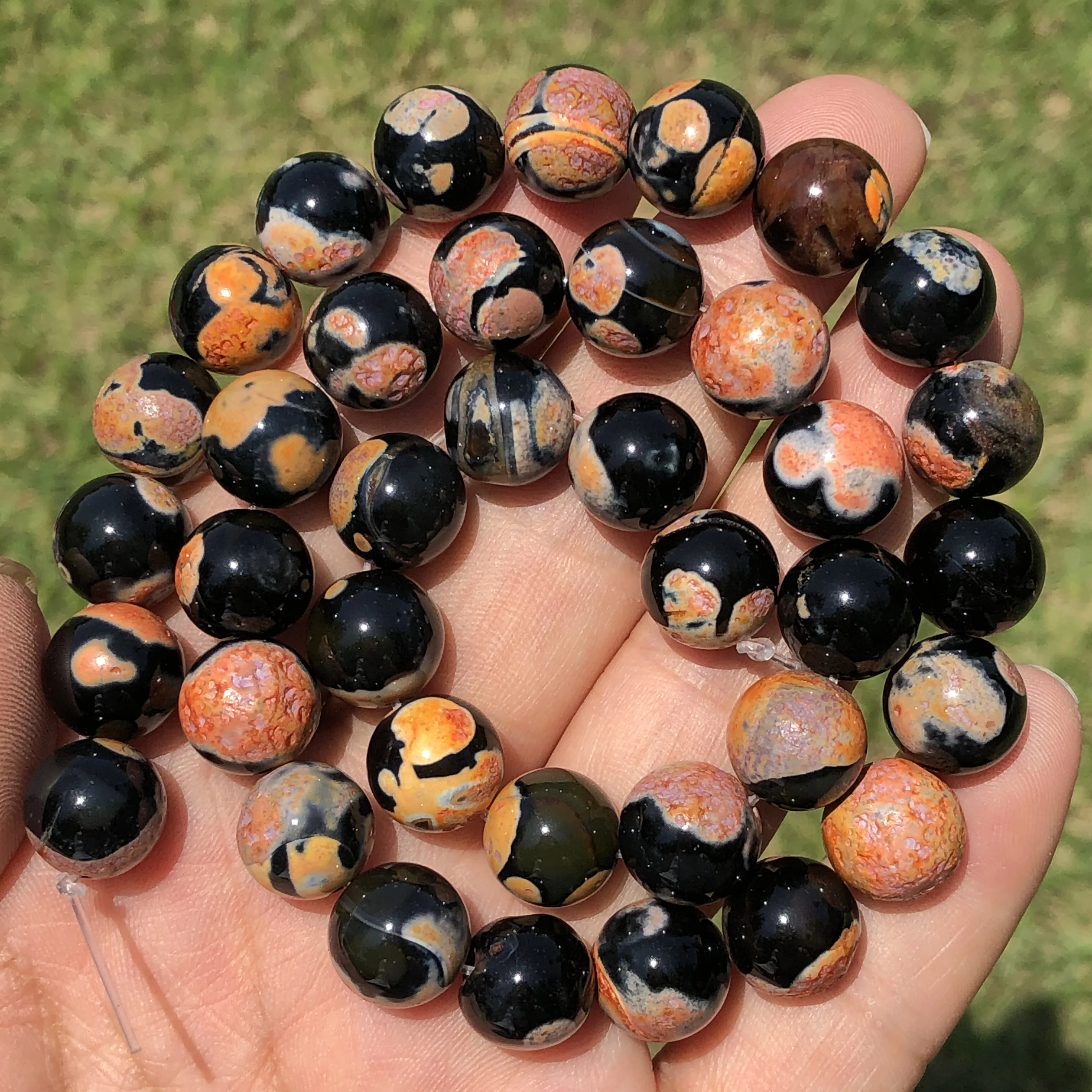 Natural Stone Orange Black Fire Agates Onyx Beads Round