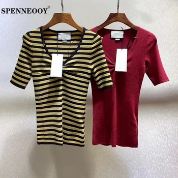 

SPENNEOOY Designer Custom Runway Fashion Female Summer V-Neck Knitting T Shirt Ladies Striped Knit Streetwear Tees Tops