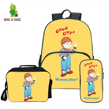 

Good Guys Backpack Pencil Case Lunch Tote 3sets School Bags for Teenage Girls Chucky Wanna Play Primary School Bookbags for Boys