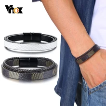 Vnox стильные Многослойные браслеты из натуральной кожи для мужчин, повседневные мужские ювелирные изделия с магнитной застежкой из нержавеющей стали