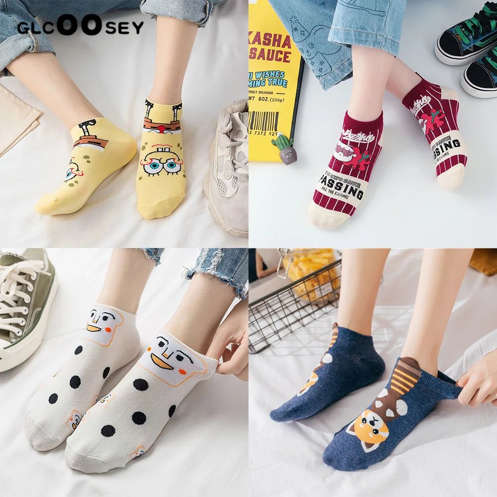 5 пар новых женских носков, забавные мультяшные анимационные милые животные, аниме, английские Женские Ретро Носки-башмачки для отдыха, маленькие носки с ушками на пятке