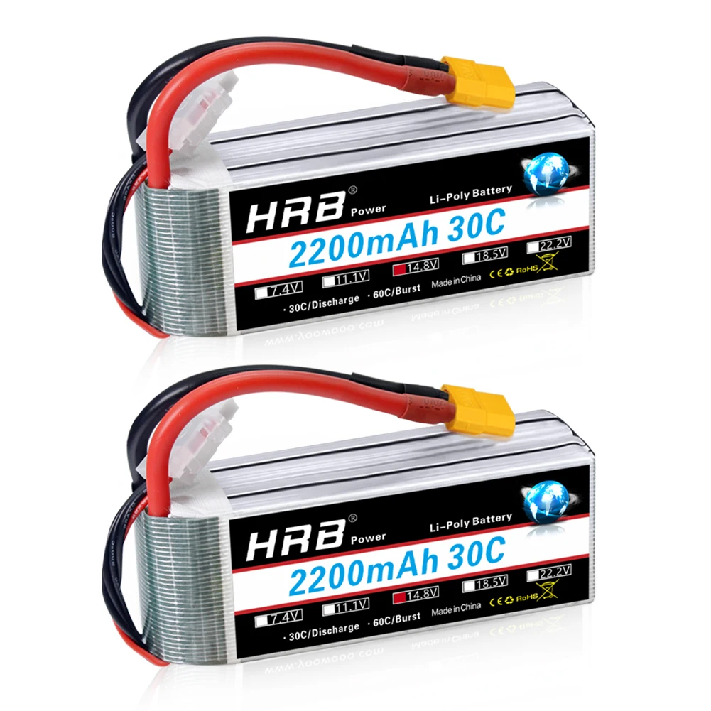 Pack De 2 Batteries Lipo HRB 14.8V 4S 2200mAh Avec Connecteur Deans - Pour Drone, Hélicoptère RC, Voiture
