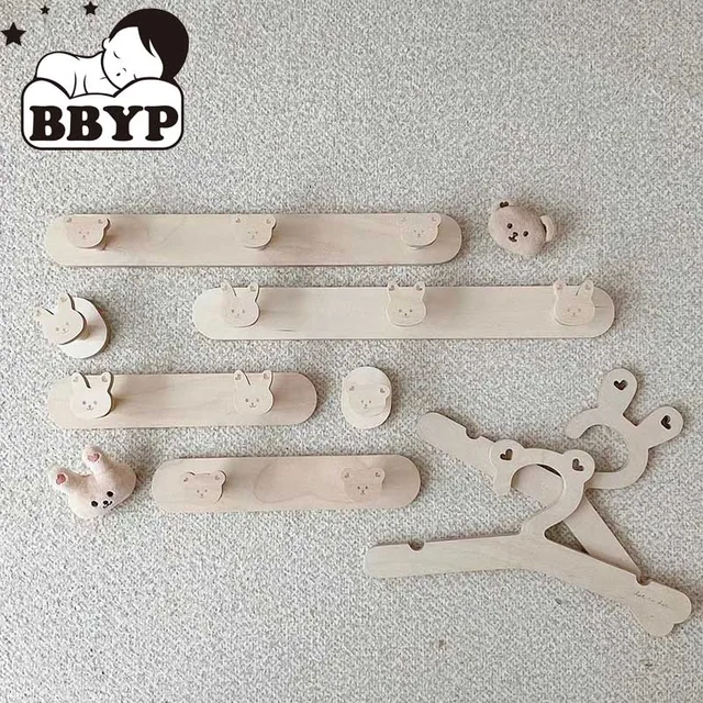 INS Korea Bear Rabbit Wooden Clothes Hanger Children's Clothing Store Wall Hanging Coat Rack Girl Room Nursery Decor Photo Props 1