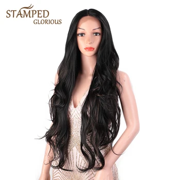 

Stamped Glorious 30inches Middle Part Long Black Wig Synthetic Lace Front Wig Heat Resistant Fiber Natural Wave Wig For Women