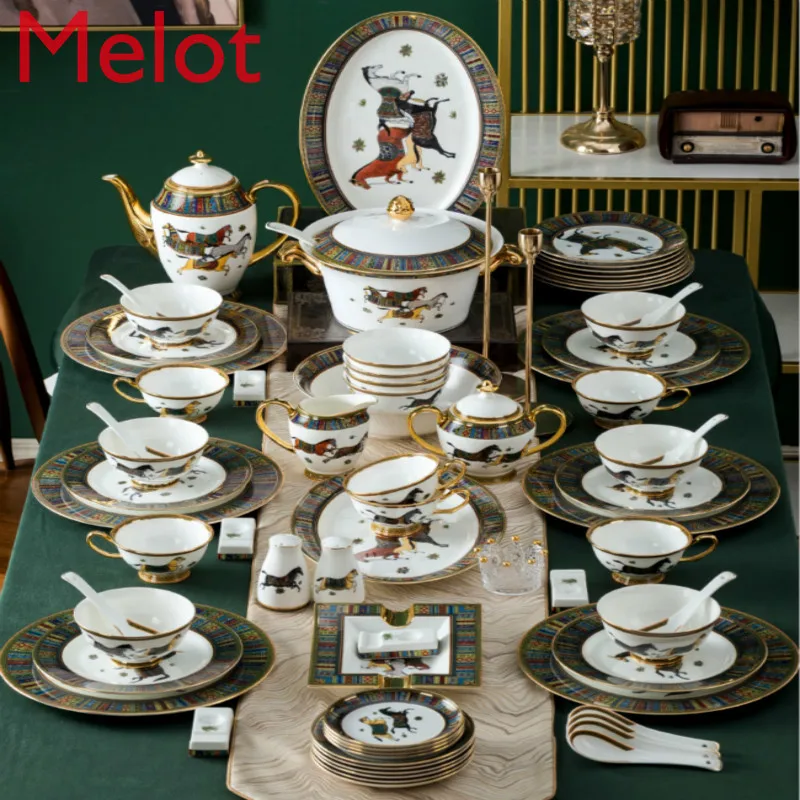 

Bowl Dish Set Household Jingdezhen 77 Head European High-End Bone China Tableware Gold-Edged Bowl Luxury Combination Gift Box