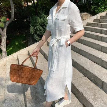 

LANMREM korean temperament bandage waist short sleeve shirt style dresses famale 2020 summer new cotton and linen dress YJ211