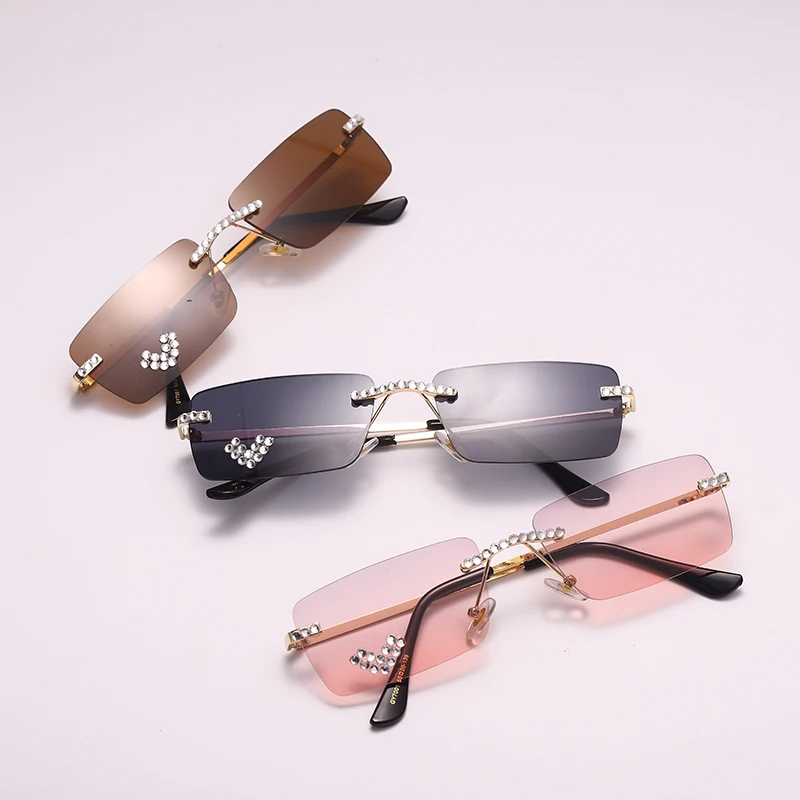 Rimless Diamond Sunglasses Women 2021 Rectangle Steampunk Sun Glasses Crystal Vintage Rhinestone Glasses Eyewear UV400 Oculos oversized sunglasses